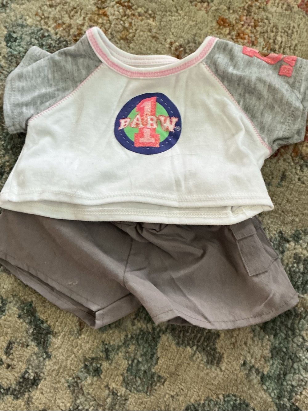 Build-A-Bear White & Gray Top with Pink Trim and Badge